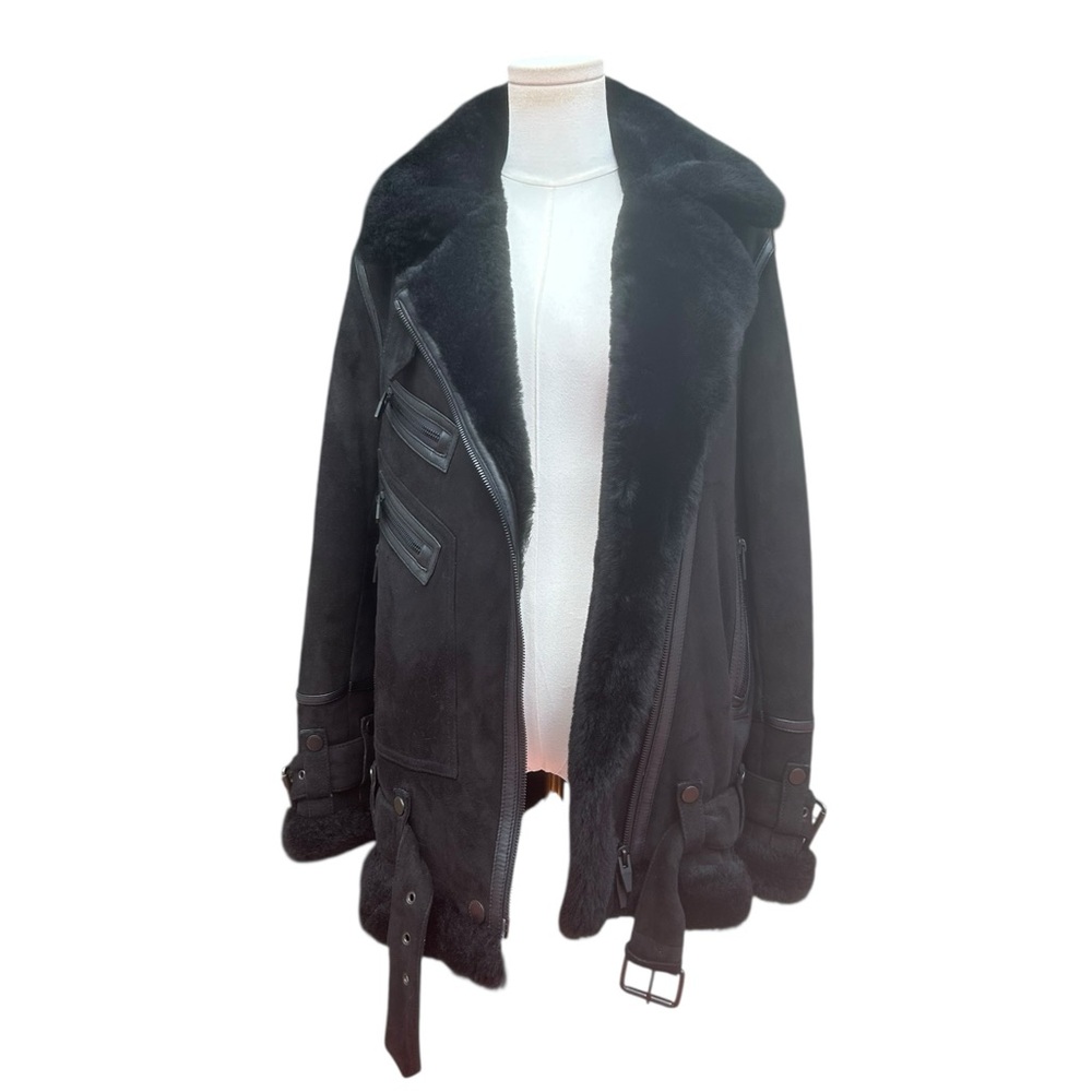 The Arrivals Moya Oversized Shearling Black Suede Moto Jacket Size Small - Picture 12 of 15